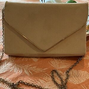 Stylish Tan Suede Shoulder Bag with Gold Chain